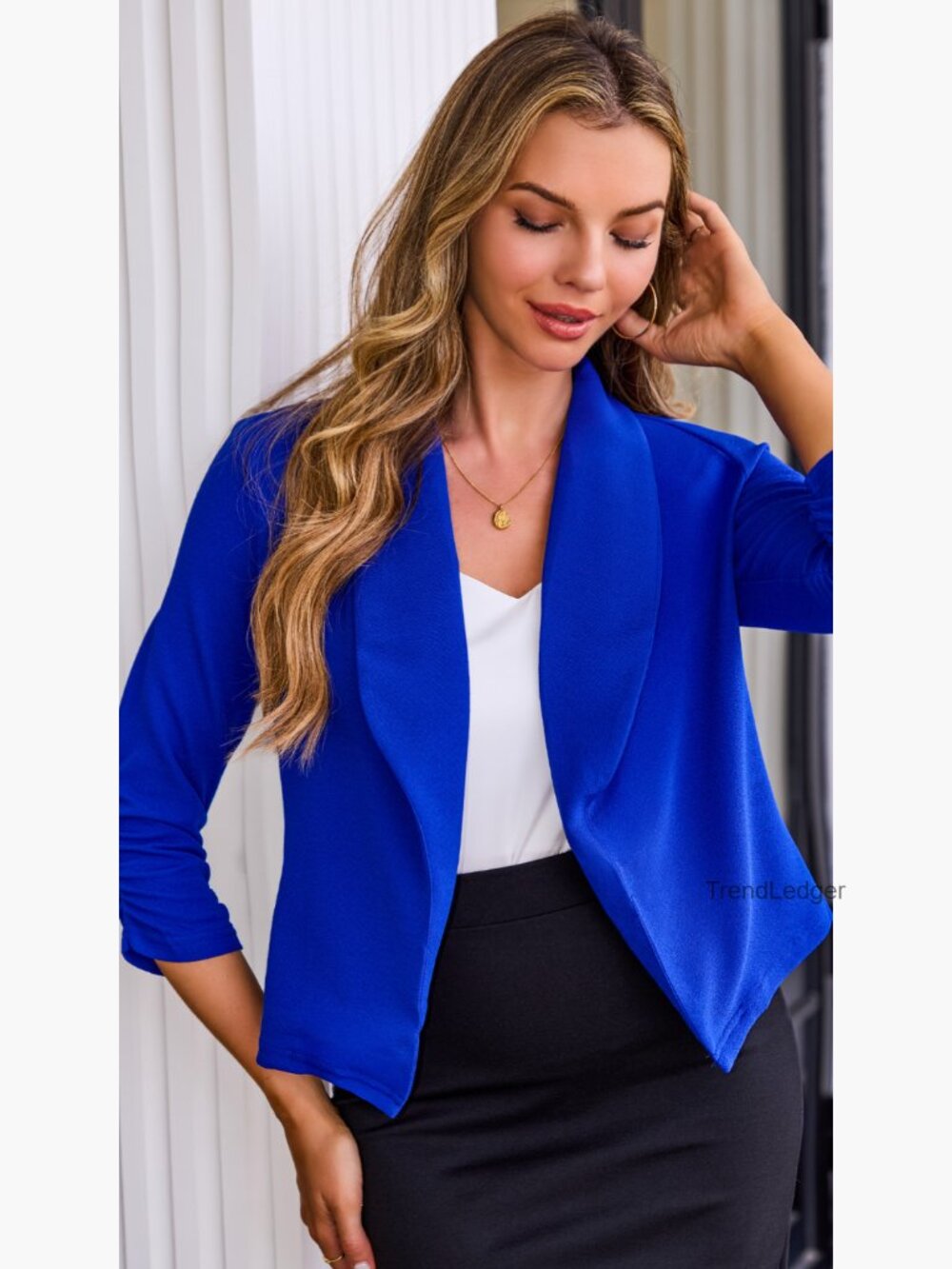 Cropped Open Front Blazer 3/4 Sleeve Cardigan Jacket Business Casual - Picture 7 of 7